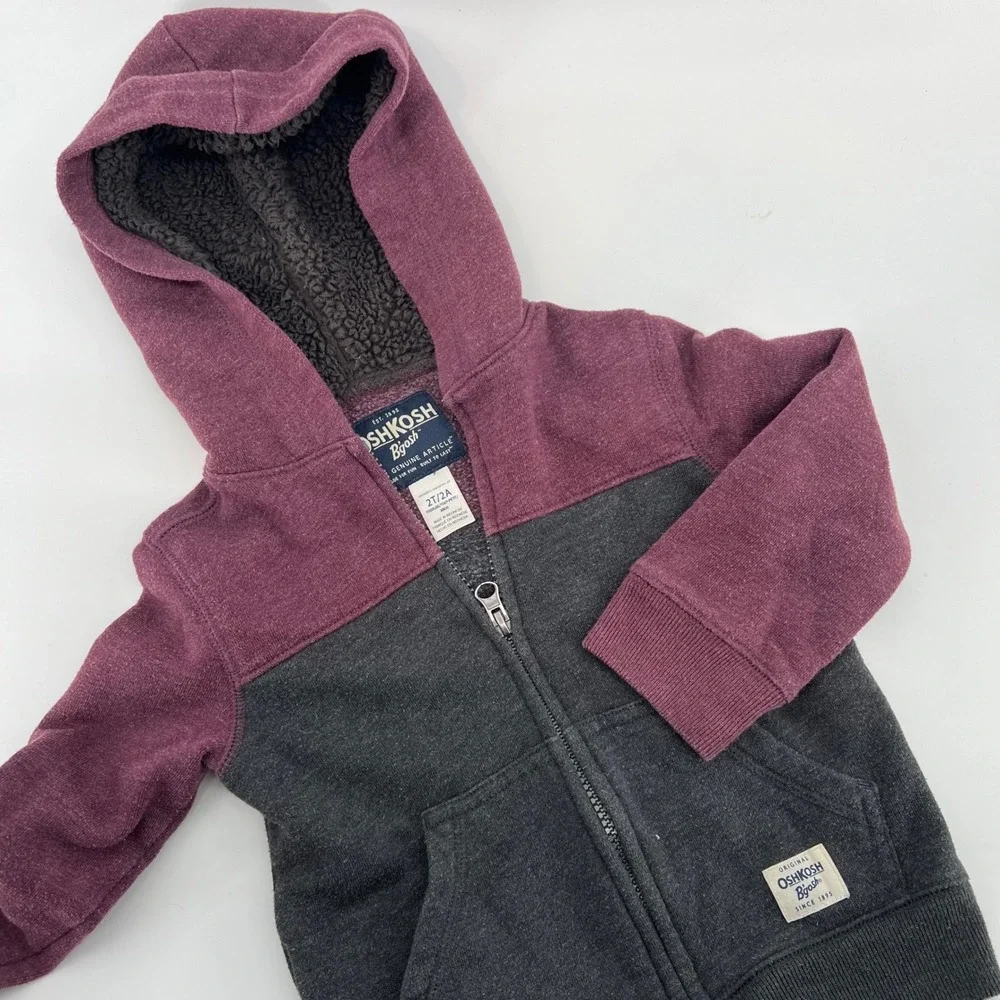 OshKosh B'gosh‎ Toddler 2T Sherpa Lined Hoodie Jacket Burgundy Gray Full Zip